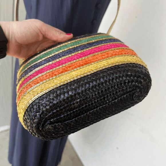 Vintage Rainbow Straw Crossbody Bag w/ Gold Strap – Colorful Boho Style - Picture 5 of 8